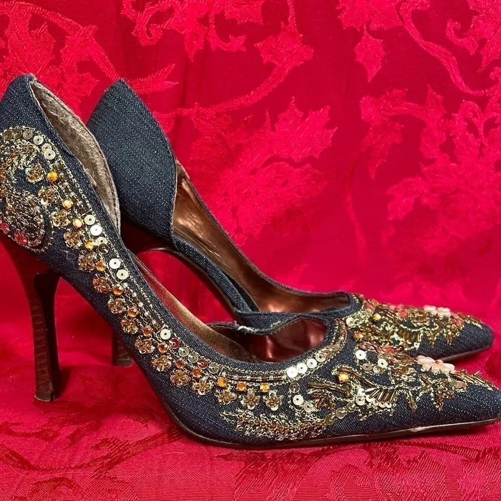 DENIM ANNE MICHELLE BEADED STACKED HEEL SIZE 6.5